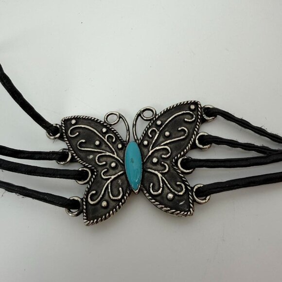 Rare Vtg GENUINE LEATHER Butterfly Concho Belt Turquoise Silver Boho Western Tie